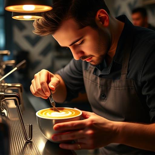 A barista demonstrating latte art techniques during a latte art competition.