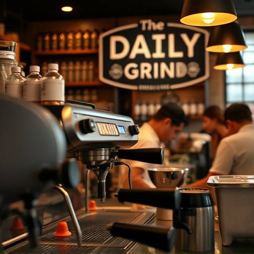 A close-up of the bar area at The Daily Grind, showcasing the espresso machine and baristas preparing drinks.