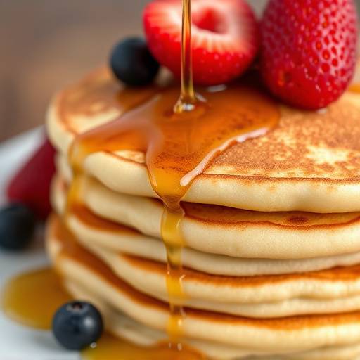 A close-up shot of a stack of pancakes drizzled with syrup and topped with fresh berries.