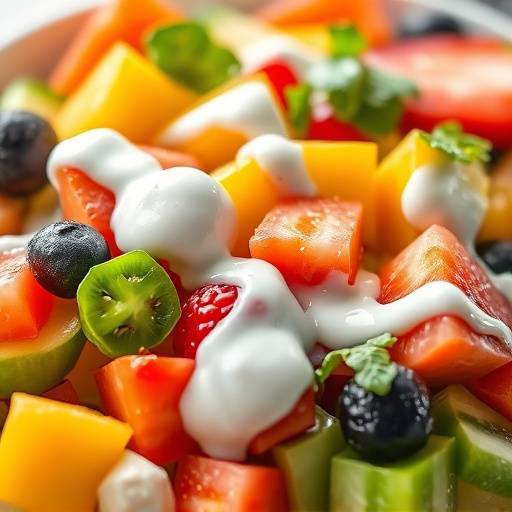 A colorful fruit salad with a yogurt dressing, showcasing fresh seasonal fruits.