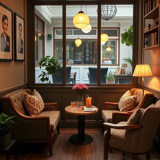 A cozy corner inside The Daily Grind, featuring comfortable armchairs and a coffee table with magazines.