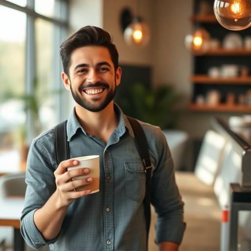 A customer smiling and holding a cup of coffee at The Daily Grind.