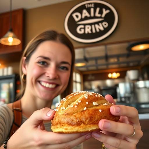 A customer taking a selfie with a delicious-looking pastry at The Daily Grind.