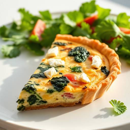 A delicious-looking quiche with spinach and feta cheese, served with a side salad.