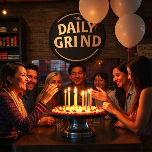 A group of people celebrating a birthday at The Daily Grind, with a cake and balloons.