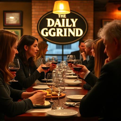 A group of people enjoying a wine tasting event at The Daily Grind, sampling different wines and cheeses.