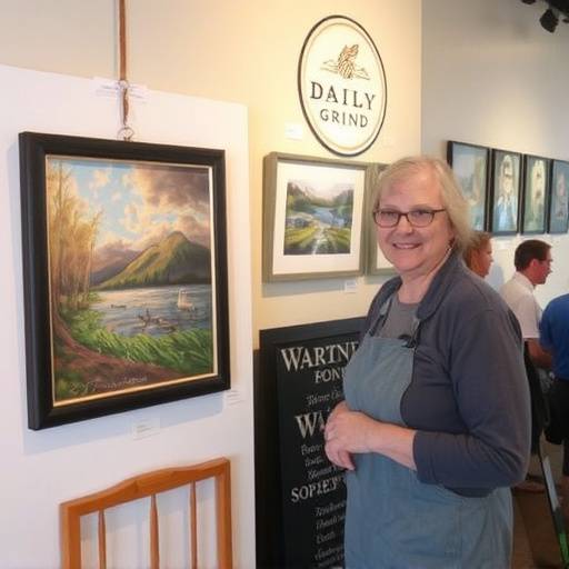 A local artist showcasing their artwork during an art exhibition at The Daily Grind.