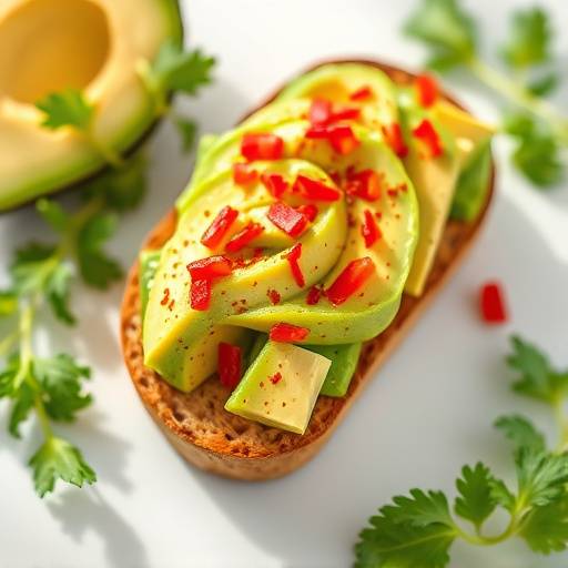 A perfectly arranged plate of avocado toast with a sprinkle of red pepper flakes.