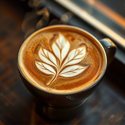 A steaming cup of cappuccino with intricate latte art in the shape of a leaf.