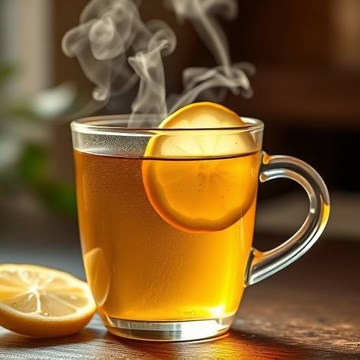 A steaming cup of herbal tea with lemon slice.