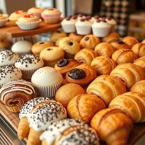 A variety of pastries on display, including croissants, muffins, and scones.