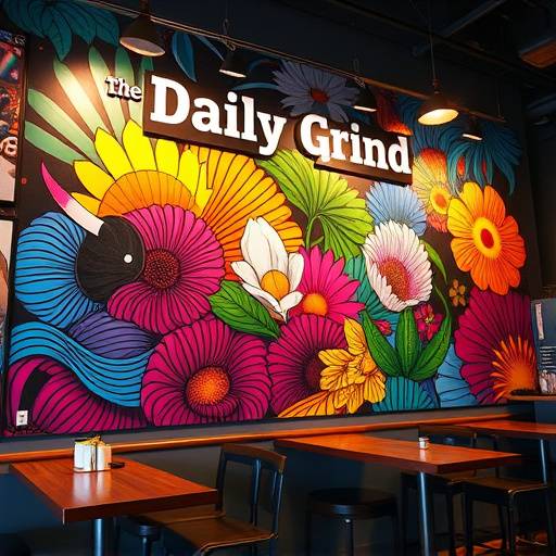 A vibrant wall art display inside The Daily Grind, featuring local Seattle artists.