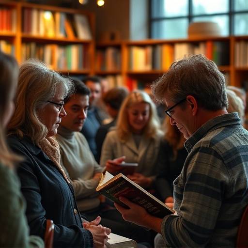 Attendees at a book reading event, listening to an author read from their latest novel.