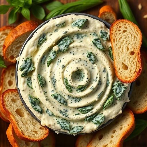 Creamy spinach and artichoke dip served with toasted baguette slices.