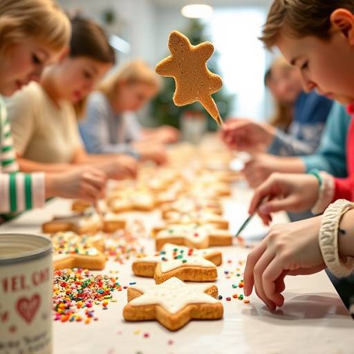 Customers participating in a holiday cookie decorating workshop, with colorful sprinkles and icing.