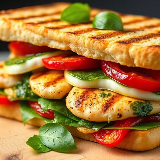 Grilled chicken panini with pesto, mozzarella, and roasted red peppers.