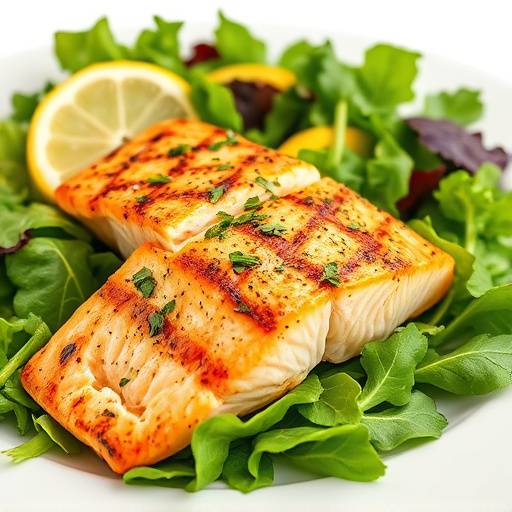 Grilled salmon served on a bed of mixed greens with a lemon vinaigrette.
