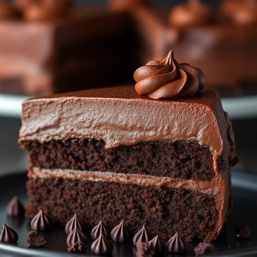 Slice of decadent chocolate cake with chocolate frosting.