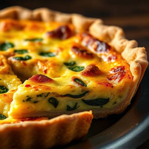 Slice of freshly baked quiche lorraine with a flaky crust.