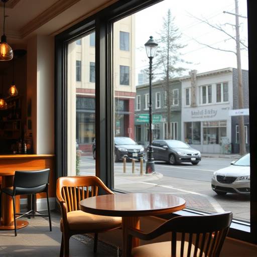 The Daily Grind's window seating, offering a view of Bell Street in Seattle and comfortable chairs for relaxing.