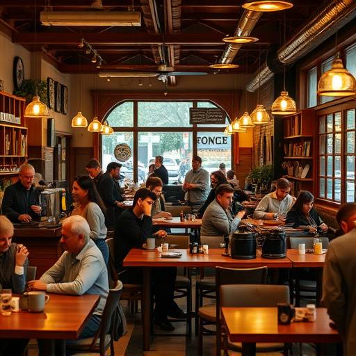 The main seating area of The Daily Grind, showing tables and chairs filled with customers enjoying coffee and conversation.