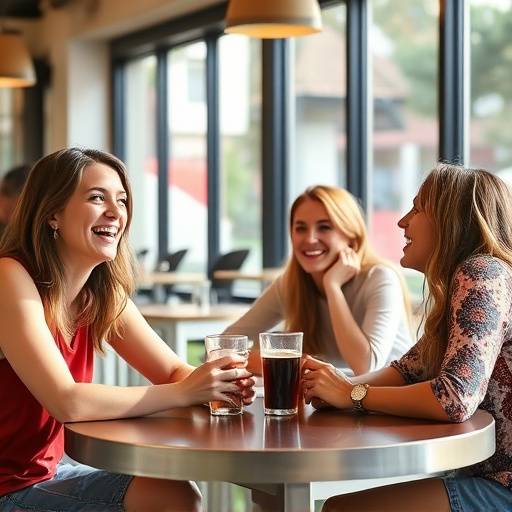 Two friends laughing and talking while sitting at a table at The Daily Grind.