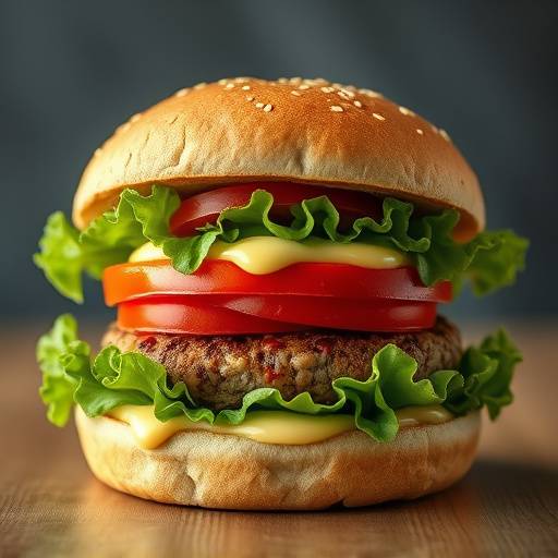 Vegan burger with a plant-based patty, lettuce, tomato, and vegan mayo on a whole wheat bun.