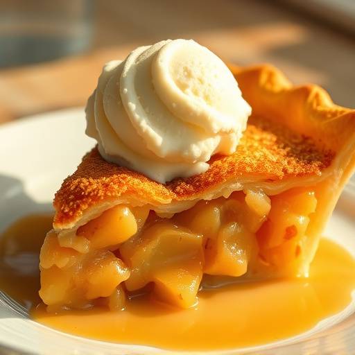 Warm apple pie with a scoop of vanilla ice cream.
